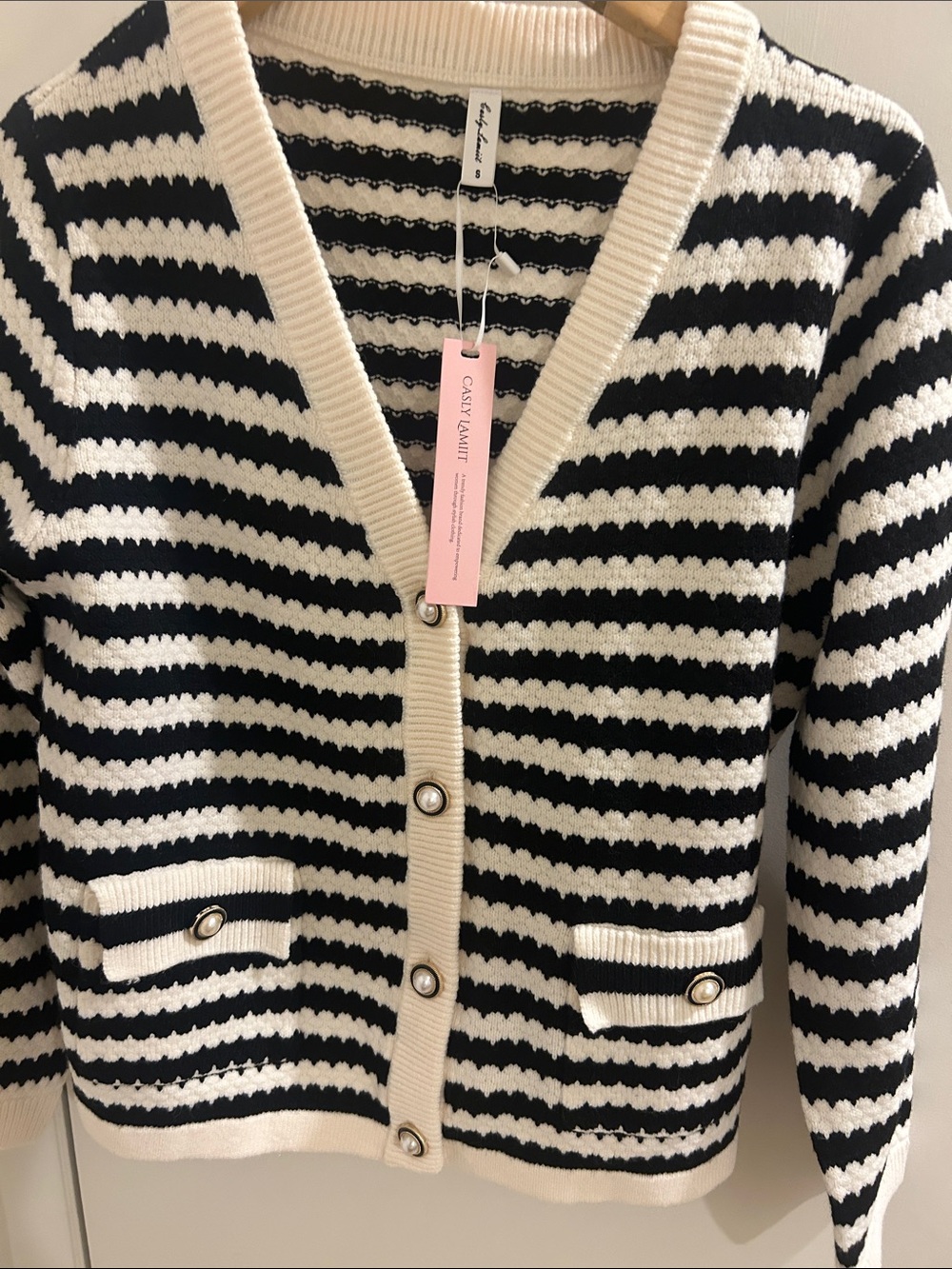 Black & Cream Striped V-Neck Button Cardigan